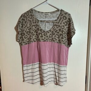Haptics‎ Color Block Top Animal Print Pink Striped T-Shirt Womens